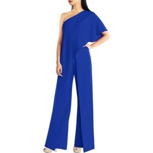 MARINA One Shoulder Jumpsuit With Cascading Side Drape, Royal Blue, Size 6